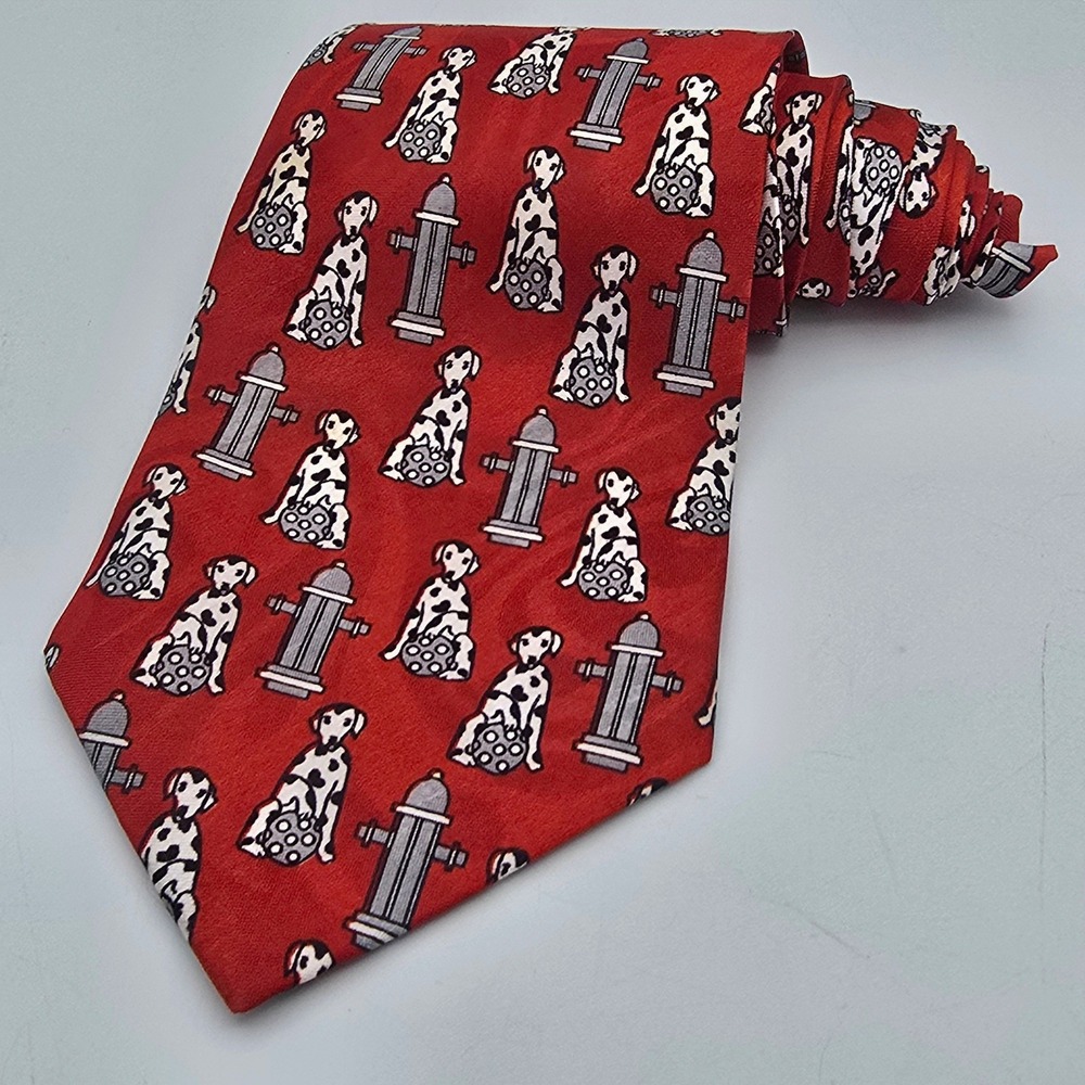 Renaissance Mens 100% Silk‎ Tie Red Dalmatian Dog Fire Hydrant Novelty 3.75 Inch